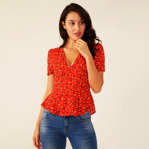 ผู้หญิง Deep V ฤดูร้อนแดง Ruffle เสื้อพิมพ์ลายดอกไม้จีบ